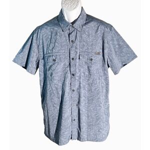 EDDIE BAUER Men's Short Sleeve Metal Button Down Shirt Blue Large Slim